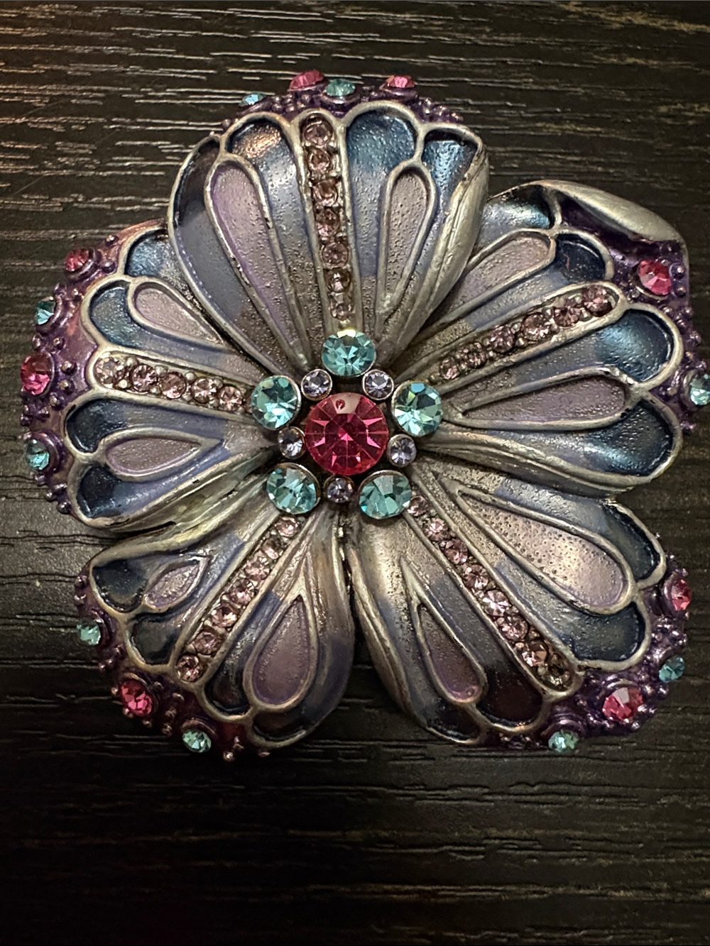 Multicolor Crystal Flower Brooch - Purple with Pink & Aqua Accents
